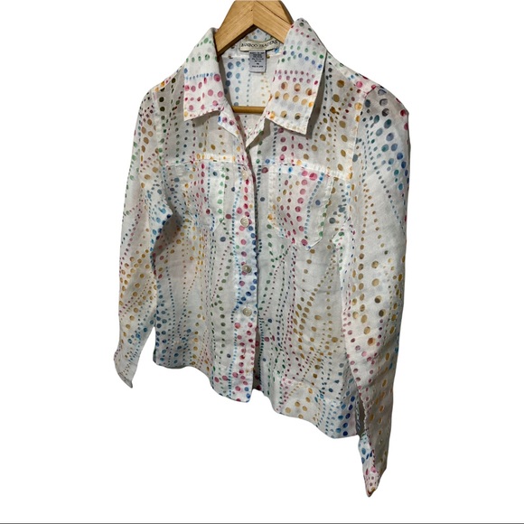 BAMBOO TRADERS WHITE COLORFUL POLKA DOT FLAX BLEND LS BUTTON DOWN BLOUSE - Picture 2 of 14